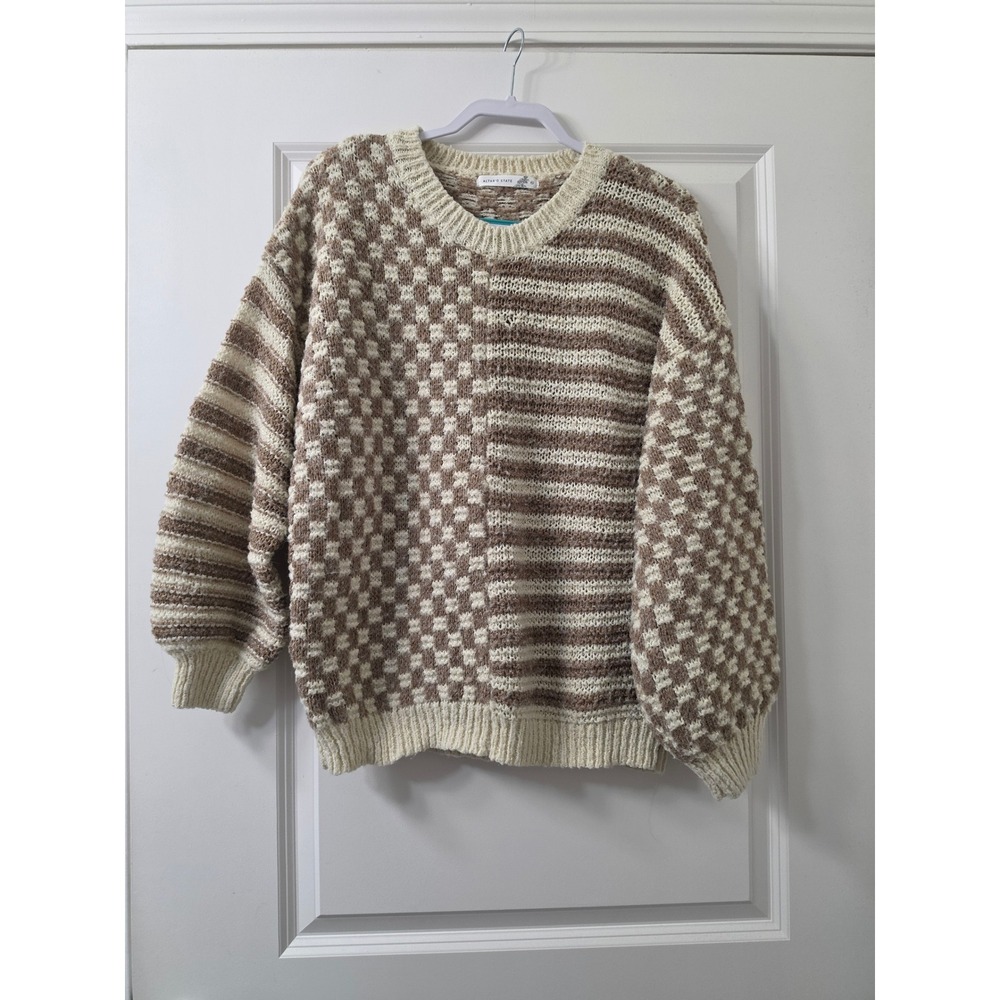 Altar'd State Tan Cream Checkered Striped Oversized Knit Sweater XL